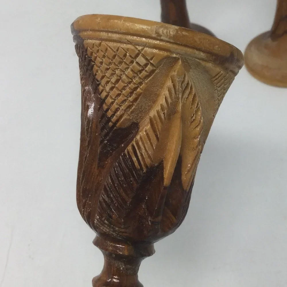 4 Vintage Wood Hand Carved Goblets Small